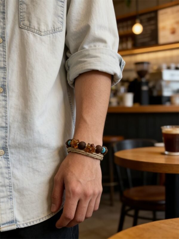 Pangu’s Earthheart Amber & Agarwood Bracelet with Phosphosiderite