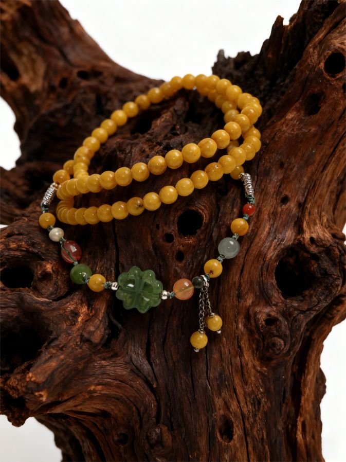 Pangu’s Amber Dawn Yellow Agate Bracelet with Amber & Hetian Jade (5mm)