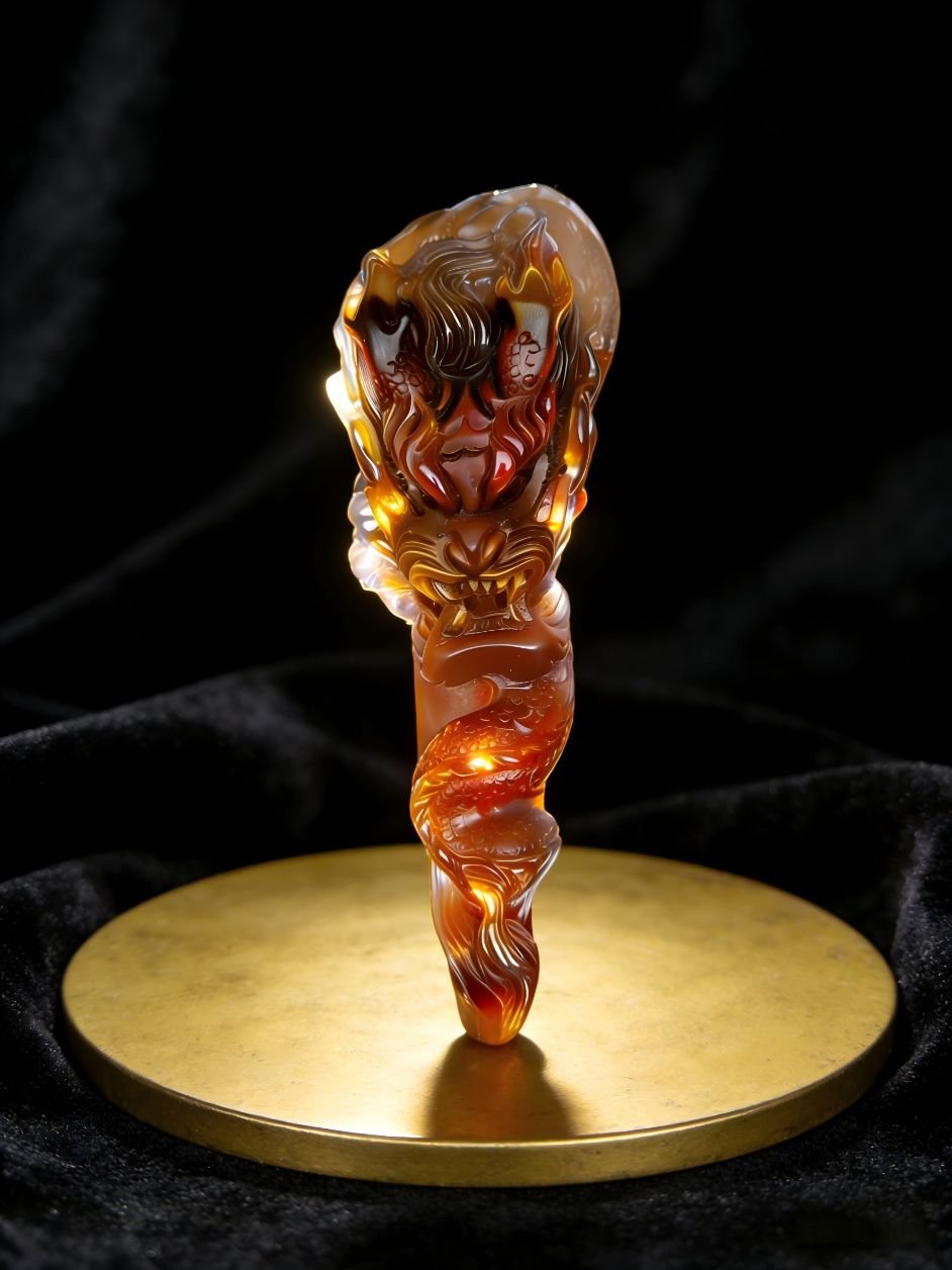 handheld agate artwork titled Aureate Dragon Totem, carved from natural agate stone as a vertical dragon totem collectible sculpture