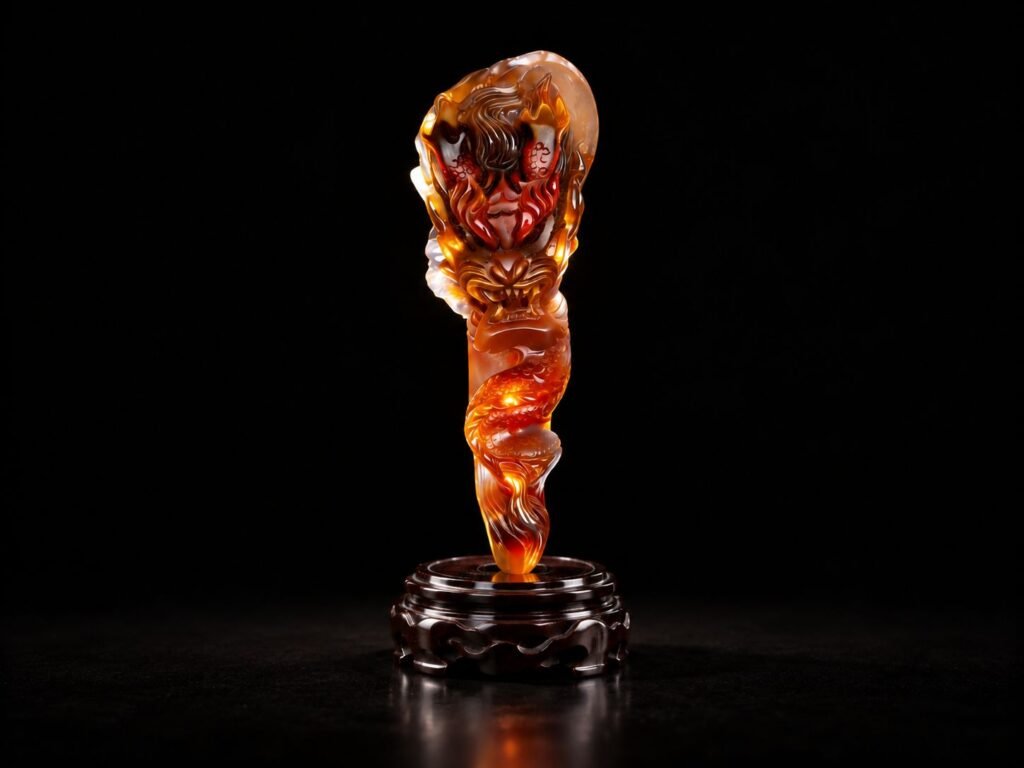 Handheld agate carving with dragon motif in translucent amber tones on a display stand
