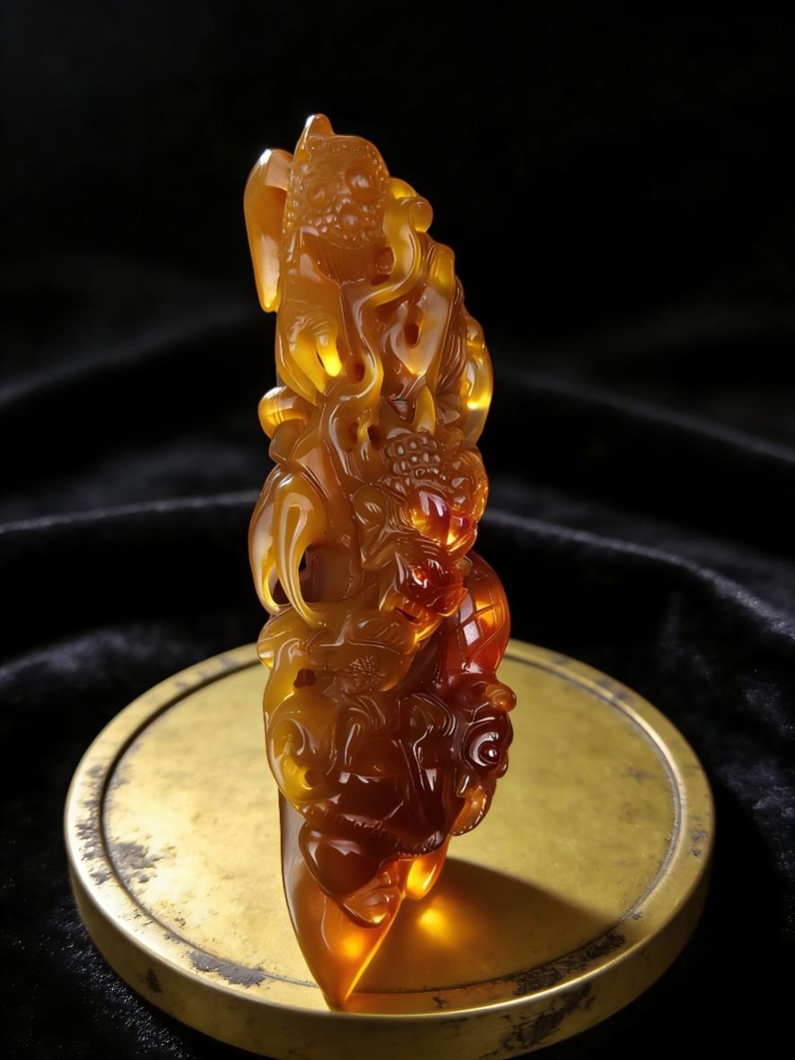 handheld agate artwork titled Coiled Ember Dragon, carved from natural agate stone as a tightly coiled dragon collectible sculpture