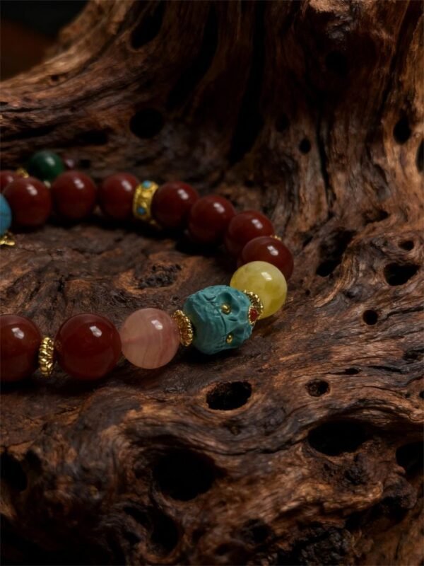 Xingtian’s Crimson Fury Red Agate Bracelet with Turquoise & Dzi (10mm) Xingtian’s Crimson Fury Red Agate Bracelet with Turquoise & Dzi (10mm)