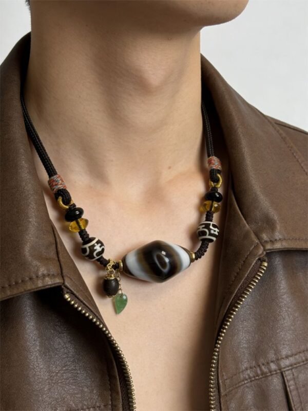 Gonggong’s Turbulent Black Dzi & Agarwood Pendant Necklace