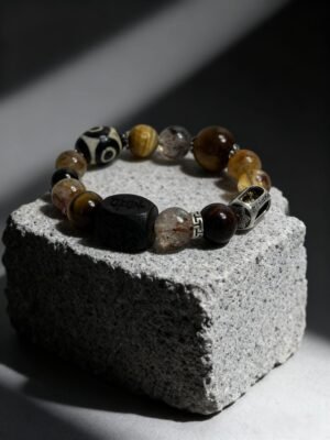 Gonggong’s Watchful Relic Men’s Agate & Dzi Bracelet (12–15mm)
