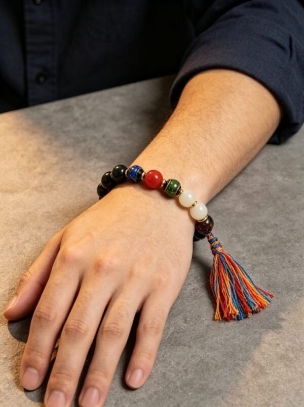 Gonggong’s Turbulent Elemental Black Agate Bracelet with Liuli (10mm)