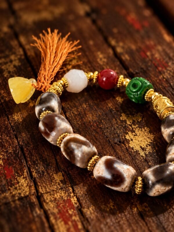 Gonggong’s Turbulent Elements Dzi Bead Bracelet with Agate, Jade & Beeswax Amber(12mm) Gonggong-inspired beaded bracelet featuring Dzi beads, agate, jade, beeswax amber, and multicolored woven cord.