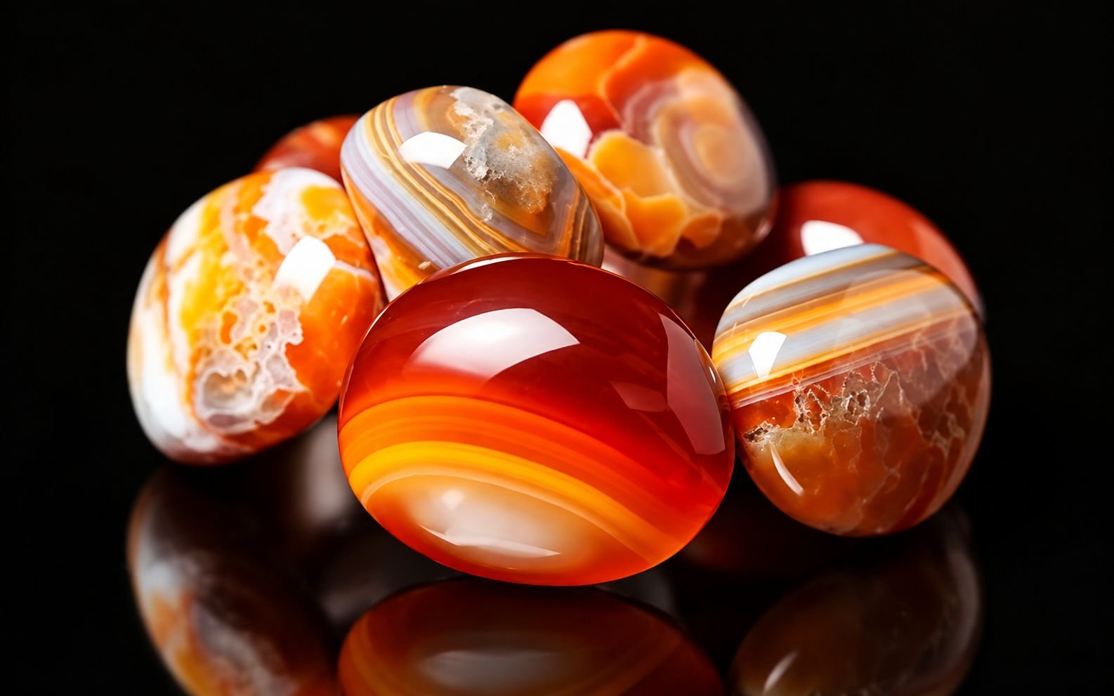 Polished red and orange banded agate stones with natural color variations on a black reflective surface